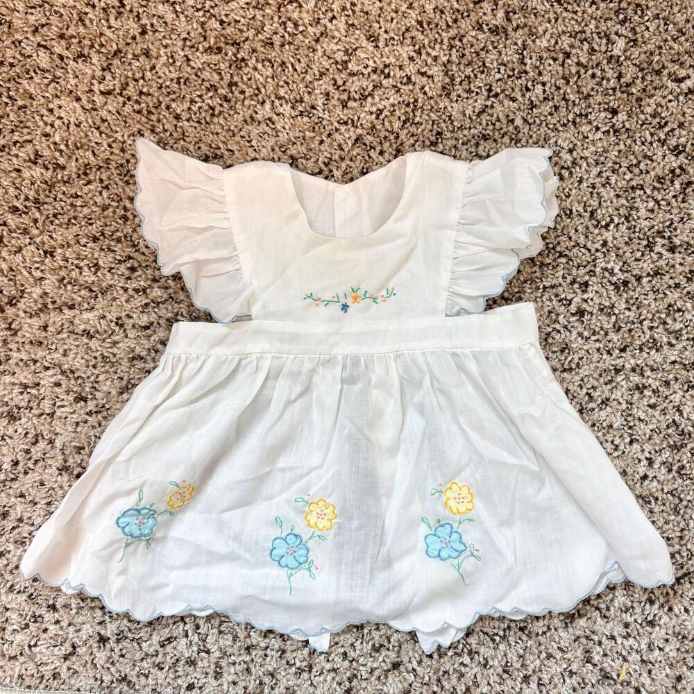 Vintage Handmade Baby Toddler Pinafore White Embroidered Floral Scalloped Trim